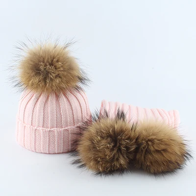 Детский реальный меховой помпон Вязание шапочки шапки шарфы комплект костюм мальчики мальчики шапки шарф зима теплая - Цвет: pink set