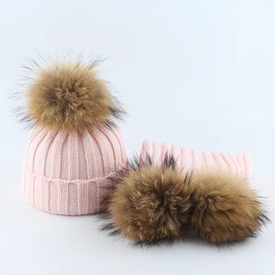 pink set Детский реальный меховой помпон Вязание шапочки шапки шарфы комплект костюм мальчики мальчики шапки шарф зима теплая - Цвет: pink set