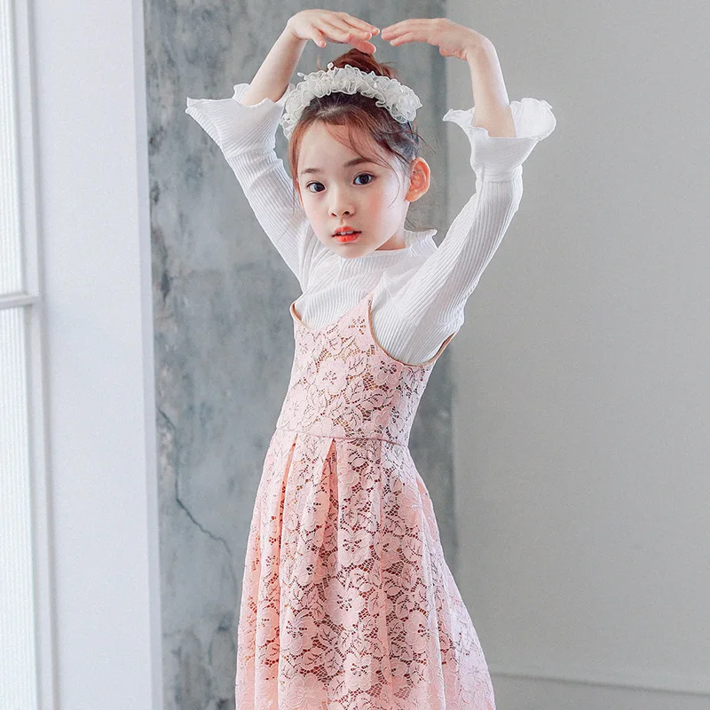

Apring Autumn Large Girls Dress 4-16 Year Kids Vest Lace Pink Gray Dress Casual Party Dresses Princess Girl Ballet Dancing Dress