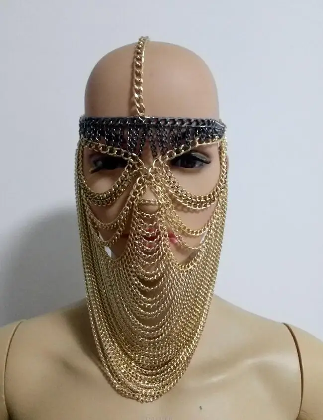 

New Fashion Style WRB950 Women Harness Gold&Gray Chains Layers Mask Head Chains Jewelry Cosplay Face Chains Jewelry 3 Colors