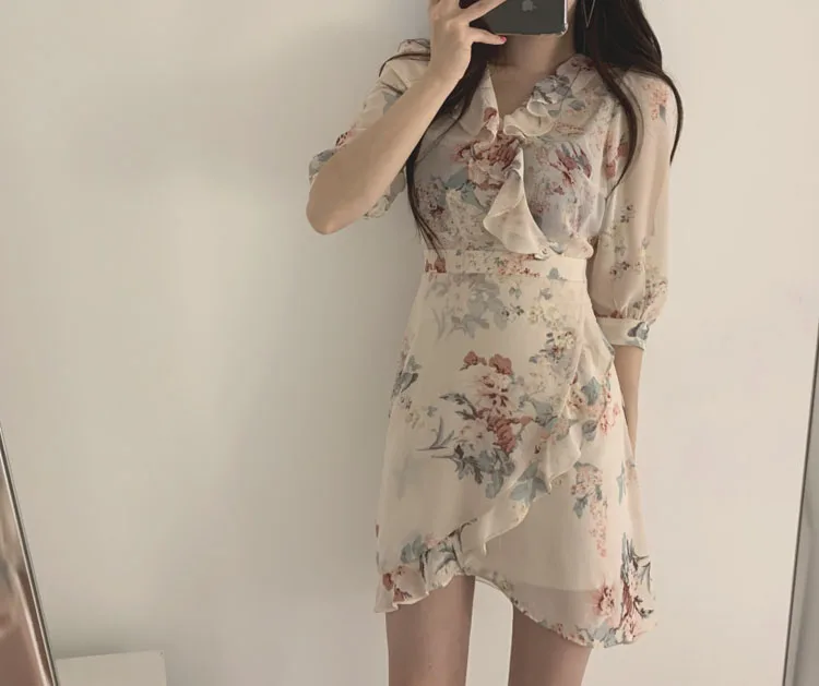 RUGOD Новое Платье женское с необычным цветочным принтом Летнее мини-платье с оборками v-образным вырезом талии тонкое корейское платье