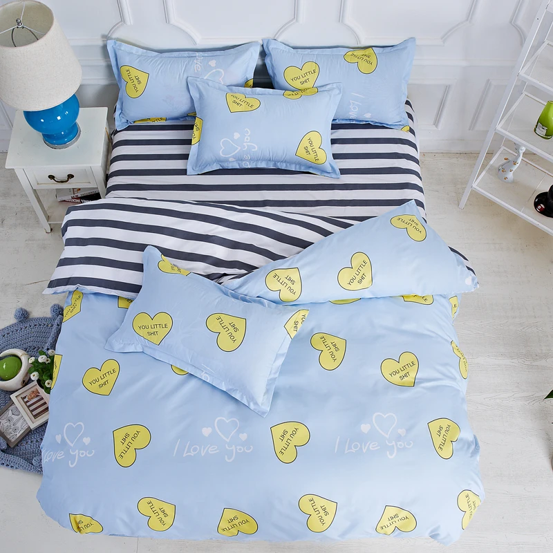 

Yellow Love Pattern 4Pcs Modern Bedding Set Bed Linens Reactive Printing Duvet Cover Set Pastoral Style Home Bed Set Flat Sheet