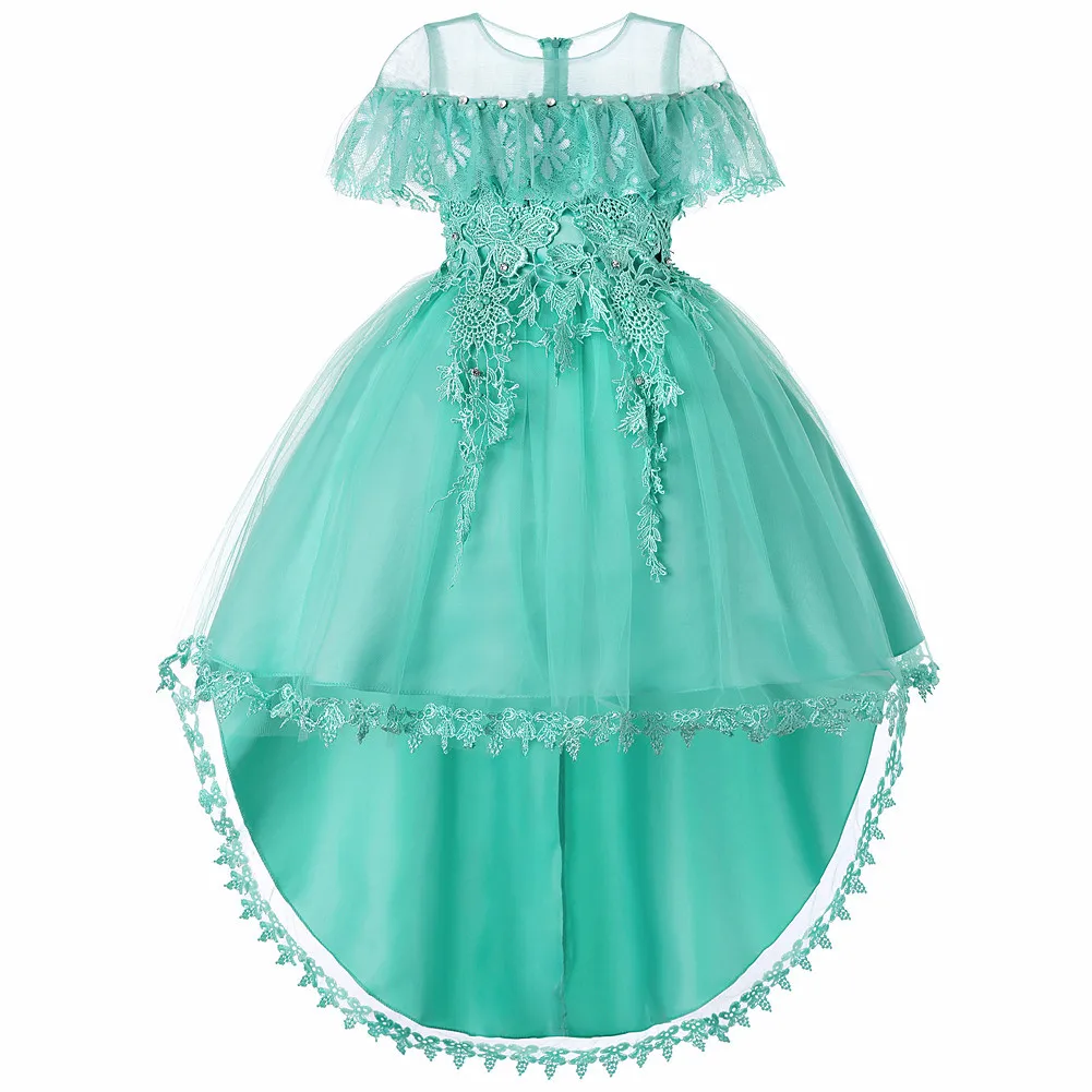 

Romantic Carnival Costume Train Flower Little Girl Dress Kids Teenagers Lace Mesh Princess Pageant Holy Party Dresses De Daminha