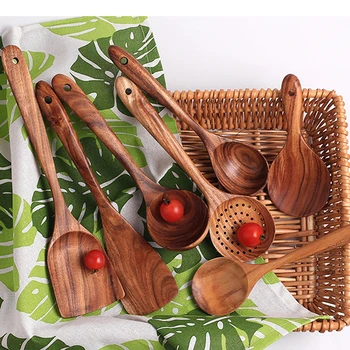

7 Types Thai Teak Wooden Turner Spatula Rice Spoon Big Soup Scoop For Cooking Wood Kitchen Cooking Utensils Supplies