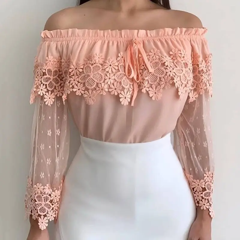 

Elegant Orange Sexy Off Shoulder African Plus Size Vintage Blouse Women Slim Falbala Hollow Lace Retro Female Fashion Tops Shirt