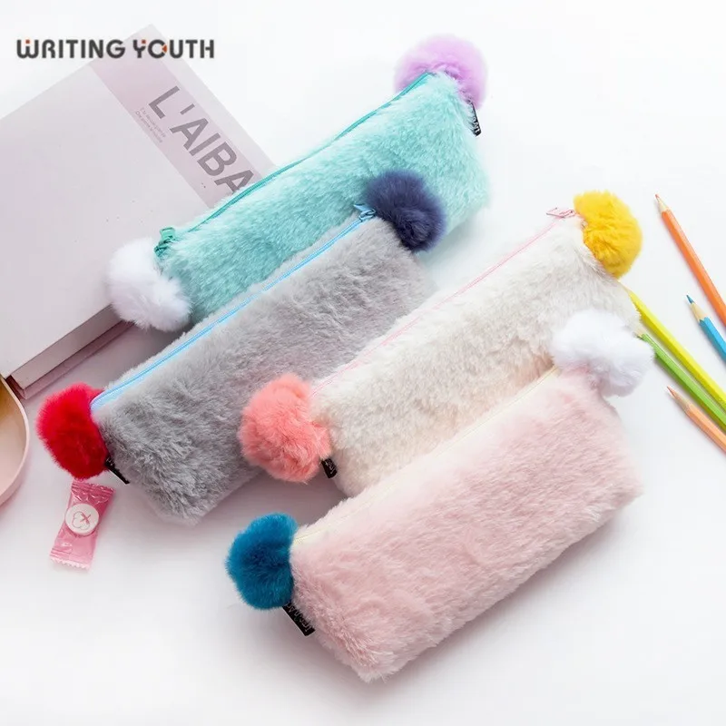 

Cute Solid Color Plush Pencil Case Student Pencil Bag Kawaii Pencilcase For Girls School Offic Supplies Tools Stationery Gift
