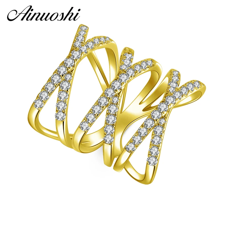 

AINUOSHI 10K Solid Yellow Gold X Shape Weaving Ring Band Row Finger Hollow Ring Bague Wedding Engagement Jewelry for Women Men