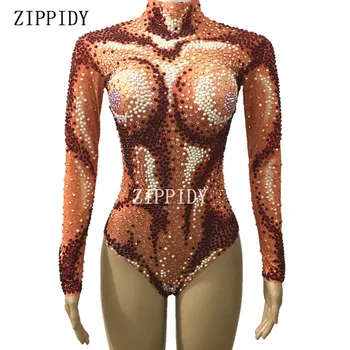 

Sparkly AB Beads Orange Bodysuit Sexy Big Stretch Outfit Nightclub Shining Rhinestones DS Costume Female Singer Dance Leotard
