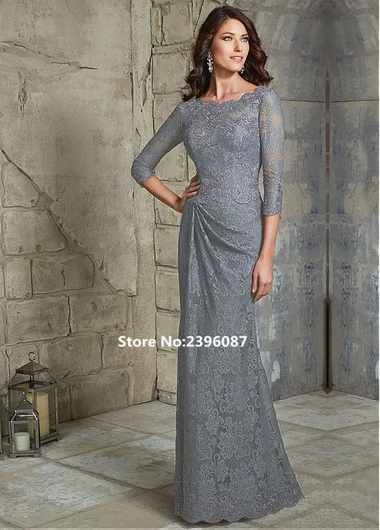 

Hot Gray Lace Three Quarter Sleeve Cheap Mernaid Mother of the bride dresses Plus Size Evening Dresses Vestido mae da noiva 2019