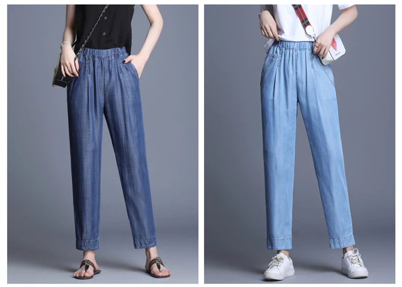 Летние крутые джинсы из тенселя, женские эластичные свободные штаны-шаровары с высокой талией, женские синие мягкие джинсы для отдыха больших размеров, L-4XL
