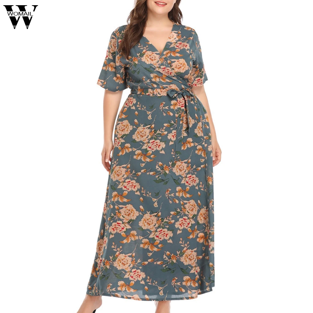 

Womail dress woman NEW Summer Plus Size Floral Printed Short Sleeve V-Neck Long Dress Beach party fashion Loose 2019 A12