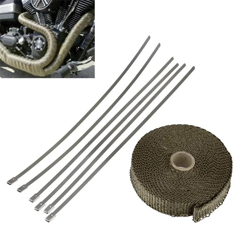 Car styling KAKUDER 7.5m Titanium Exhaust Heat Wrap Roll Cable Pipe With 6 Stainless Ties Kit