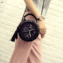 Women Leather Shoulder Messenger Bags Clock Models Famous Cartoon Round Style Fashion 2016 Popular Crossbody Tassels Hot Sale