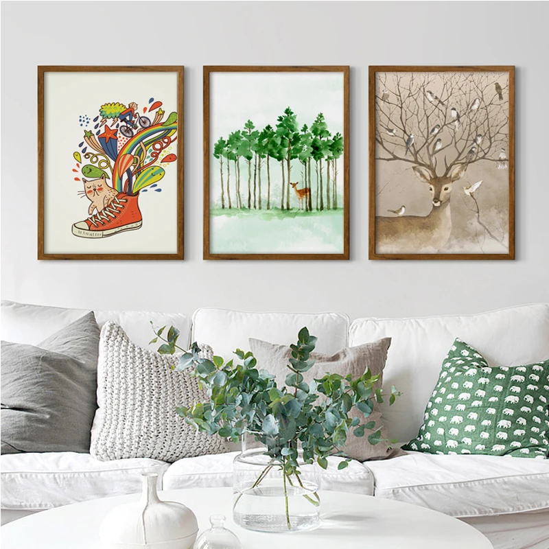 FGHGF Watercolor Rainbow Shoes Deer Forest Plant Abstract A4 Canvas Painting Art Print Poster Picture Wall Home Decor | Дом и сад