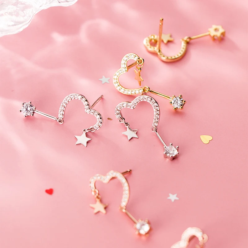 925 стерлингового серебра корейский стиль маленький девочка сердце сладкие звезды серьги гвоздики для женщин гипоаллергенный модный серебряный подарок
