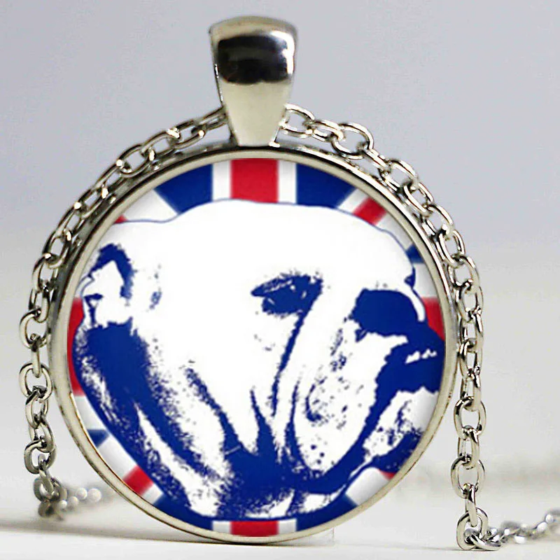 English Bulldog Pendant Steampunk British flag Necklace Glass Dome