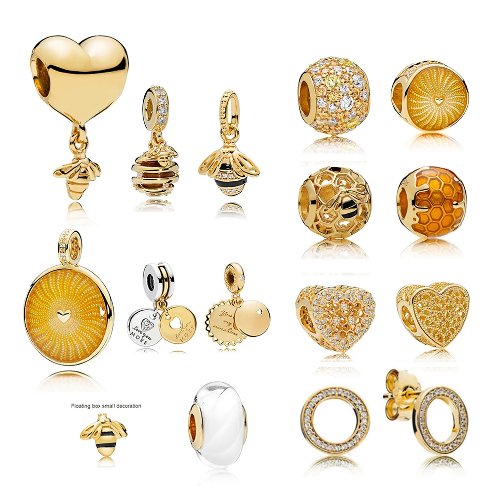 

NEW 100% 925 Sterling Silver 1:1 Charm 18K Gold Bee Honeycomb Honey Temperament Sunshine Beaded Pendant Heart Shaped Women