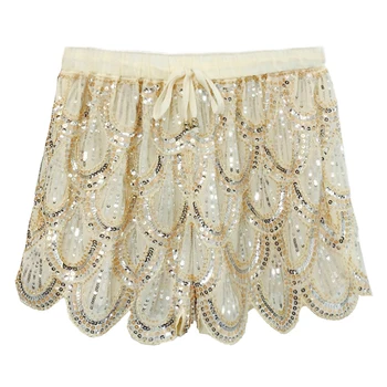 

Summer Korean Style Ladies Woman Black Beige Sequine Loose Hot Shorts , Fashion Casual Female Womens Embroidery Glitter Shorts