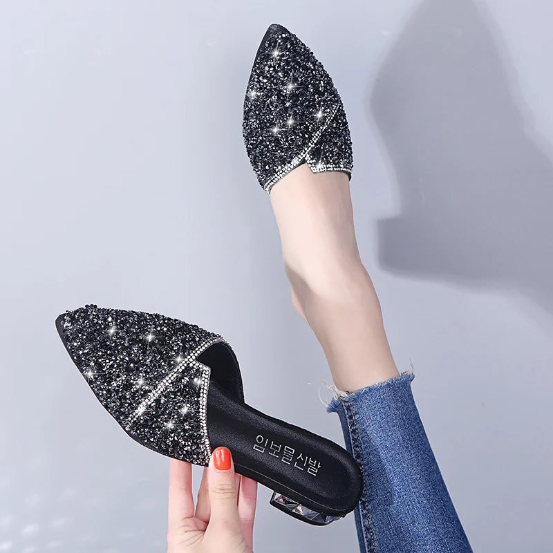 

Fashion Mules Slippers Women Shoes Female Mules Crystal Bling Cover Pointed Toe Low Heels Elegant Casual Shoes Woman Slippers
