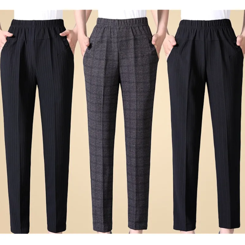 Middle-aged Women Autumn Winter Trousers Big size Loose Plus velvet Elastic Waist Pants Black Femal