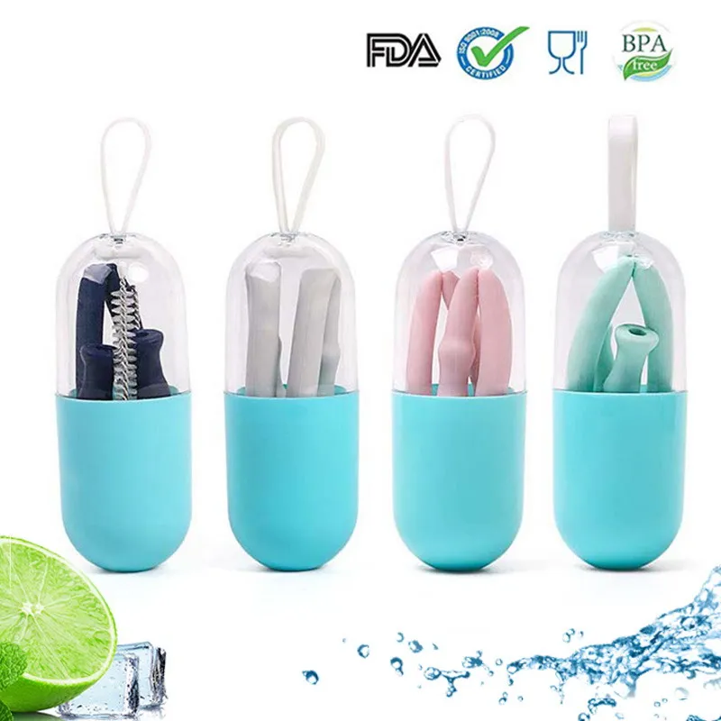 

Silicone Straw Drinking Reusable straw Folding with Case and Cleaning Brush for Party Travel BPA Free Eco Friendly Office Drinks