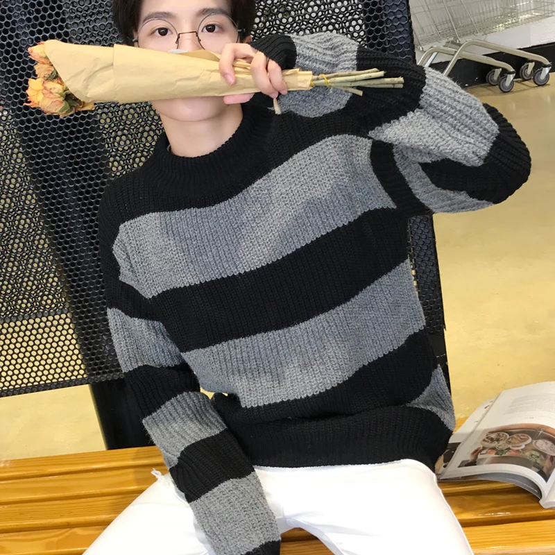 Мужской свитер с длинными рукавами, Молодежный Зимний вязаный полосатый свитер, свободный мужской свитер