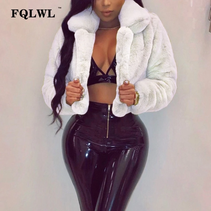 FQLWL Fluffy Faux Fur Coats Women Solid Furry Teddy Turn Down Collar Cropped Jacket Fur Female Overcoat Winter Warm Outerwear