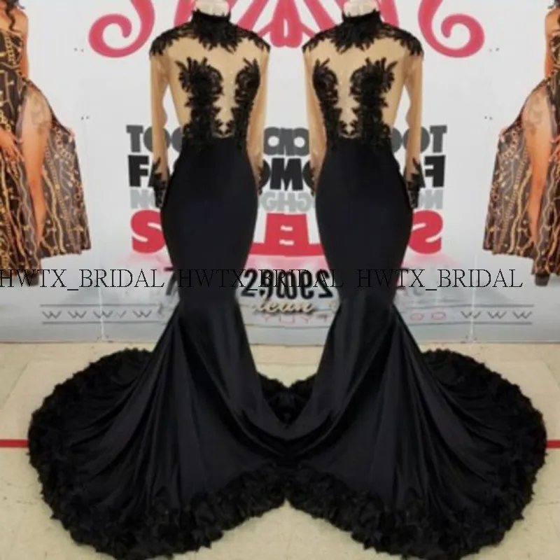 

Black Mermaid Evening Dress 2020 Long Sleeves High Neck Illusion Bodice 3D Flowers Long Prom Dresses Vestidos de fiesta de noche