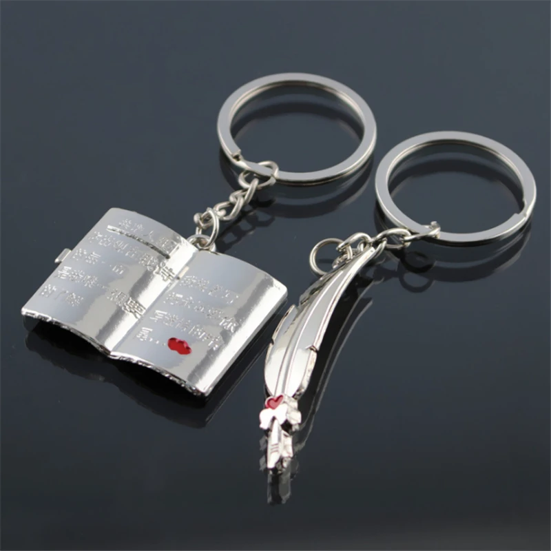 

2pcs/lot new style feather book couple keychain for bag phone hanging car metal key holder punk key rings gifts fashion jewelry