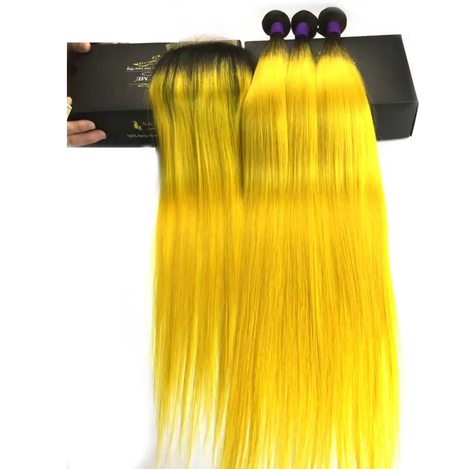 T1B/желтый Ombre прямые волосы 3 Связки с закрытием темные корни Ombre бразильский Связки с закрытием Remy натуральные волосы ткань