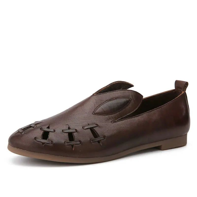 

2019 Spring Summer New Retro Genuine Leather rabbit shoes breathable hollow flats women shoes leather Handmade Loafers Shoes