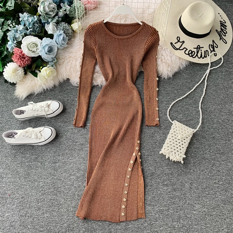 

New Spring Autumn Women Knitted Dress 2019 Women Slim Fashion Button Bodycon Dresses Female Basic Sweater Long Robe Vestidos
