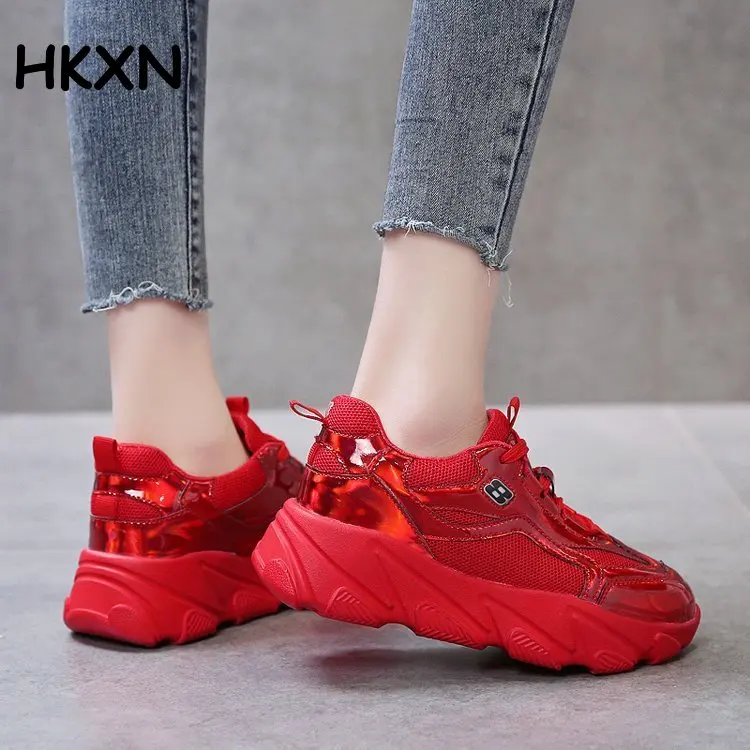 HKXN; Новинка года; женская повседневная обувь; Легкие дышащие кроссовки на массивном каблуке; женские кроссовки на толстой плоской платформе со шнуровкой