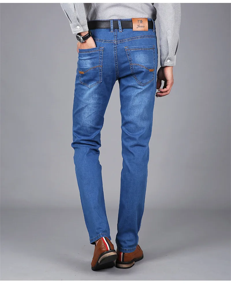 Новый Для мужчин Джинсы для женщин Бизнес Повседневное тонкие летние прямые Slim Fit синие джинсы стрейч джинсовые штаны Мотобрюки