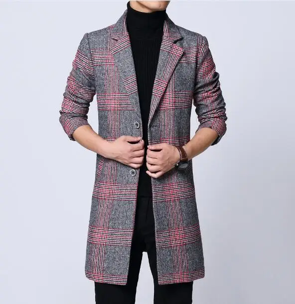 Мужское длинное пальто, зимнее шерстяное пальто Мелтон, клетчатое, красное, серое, с двумя пуговицами, с подкладкой, с длинными рукавами, с M-6XL карманом, 18NovW4, Прямая поставка - Цвет: HM9002 Red
