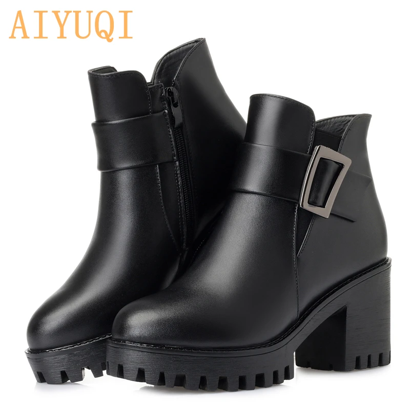 AIYUQI; коллекция года; Черные ботильоны; женские зимние ботинки из натуральной кожи на платформе; роскошные женские шерстяные Ботинки на каблуке