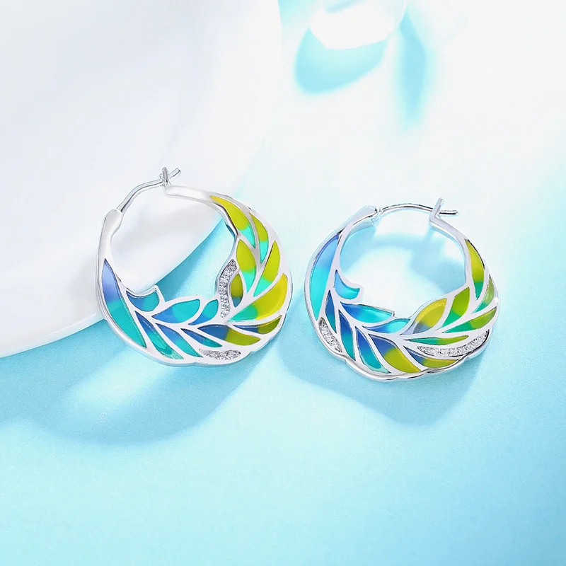 

100% Authentic 925 Sterling Silver enamel Earrings Natural leaves with Stones Cubic Zirconia for women Earrings jewelry gift