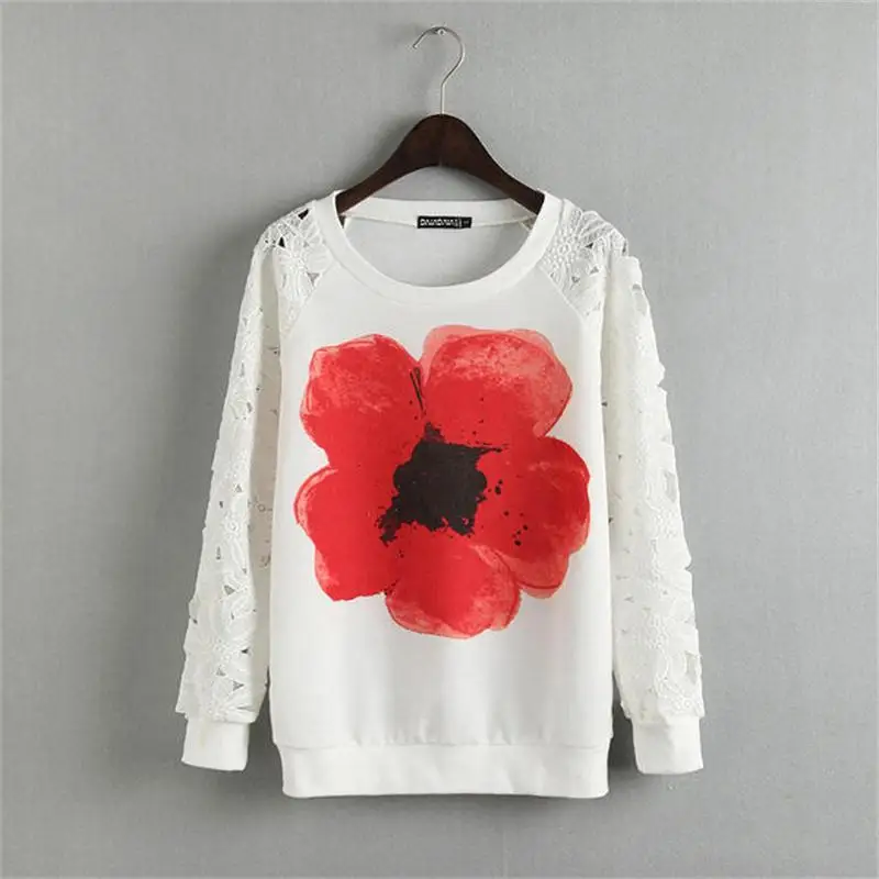 Women Lace crochet hollow out Fashion Red Floral Print Sweatshirts ...