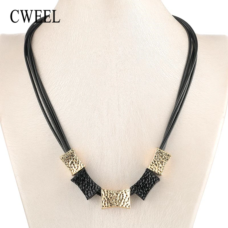 

CWEEL Pendant Necklaces Choker Necklace for Women Vintage Wedding Jewelry Statement Necklace Gold Color Chain Leather Necklaces