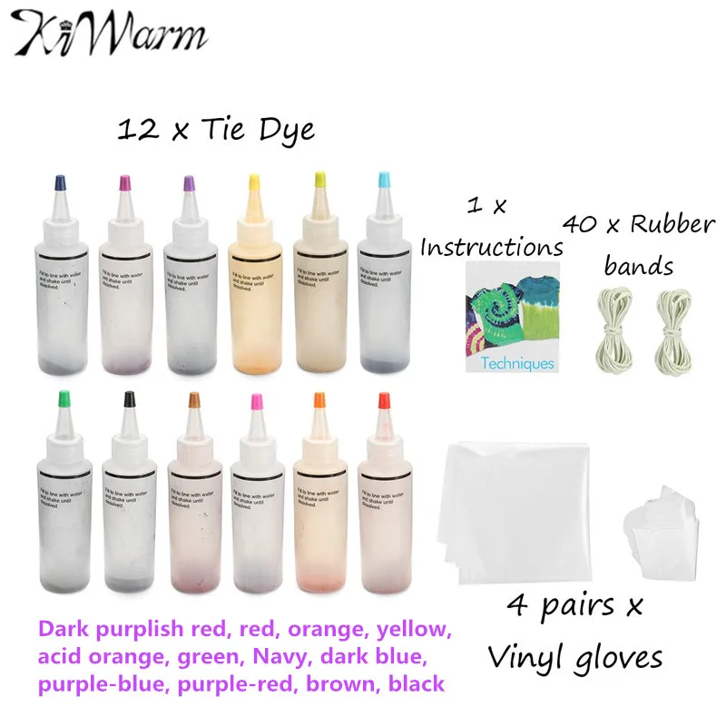 KiWarm 12Pcs One Step Tie Dye Kit Activated Dye +40Pcs Rubber Bands +4 Pairs Vinyl Gloves for Clothing Painting DIY Craft Supply