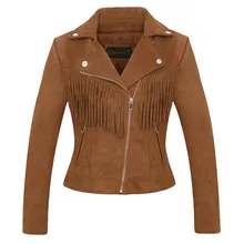 Коричневый женский жакет из искусственной кожи высокого качества, замшевый жакет осень-весна, Повседневный Модный женский жакет с кисточками, байкерская куртка розового цвета