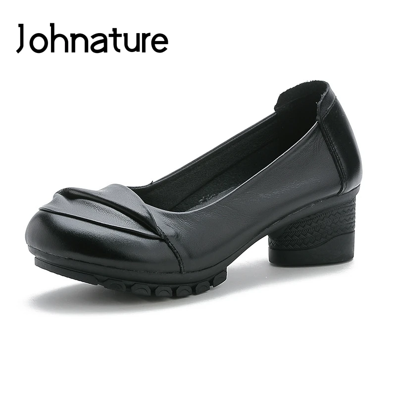 

Johnature 2019 New Spring/autumn Genuine Leather Round Toe Solid Flowers Slip-on Sewing Handmade Women Shoes Med Heels Pumps