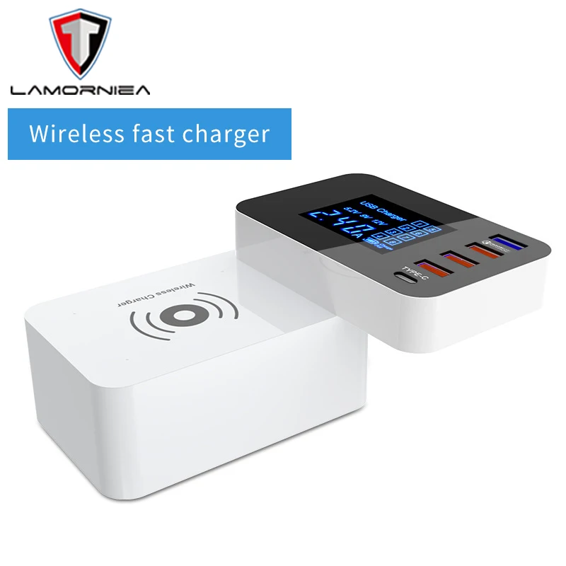 QI Wireless Charger Quick Charge 3.0 Smart USB Type C Charger Station HUB Led Display Fast Charging Power Adapter Desktop Strip