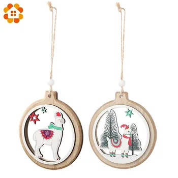 

1PC Wooden Alpaca Circle Christmas Ball Pendants Xmas Tree Ornaments DIY Wood Crafts Home Decoration Christmas Party Supplies