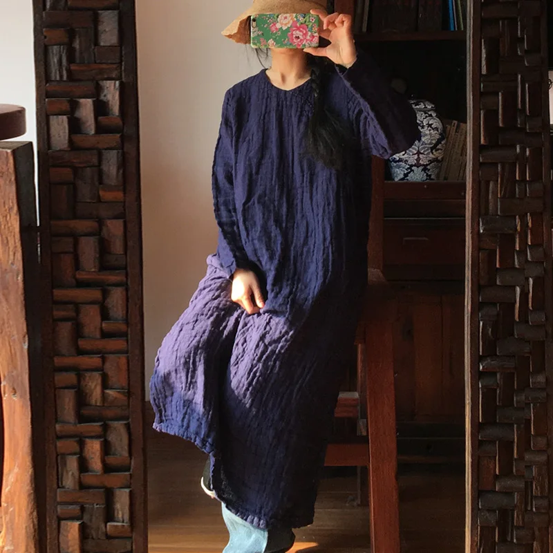 Высококачественное льняное платье для женщин, весеннее винтажное платье с круглым вырезом и длинным рукавом, однотонные цветные халаты, женское платье в китайском стиле