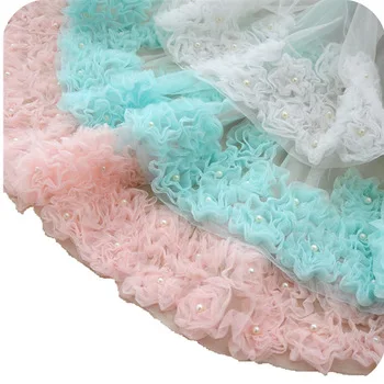3Colors Polyester Flower Lace Fabric Beaded Fold Rose Lace Cloth for Patchwork Sewing Dress Skirt Doll