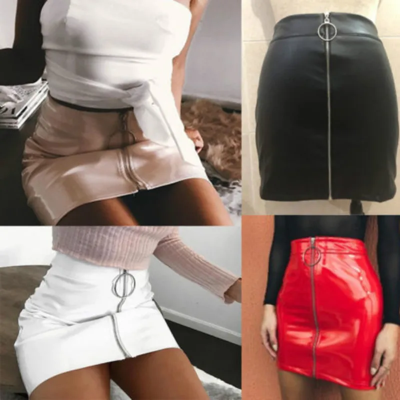 

2018 Women New Fashion Street Wear Solid High Waist PU Leather Zipper Short Mini Skirt Hot