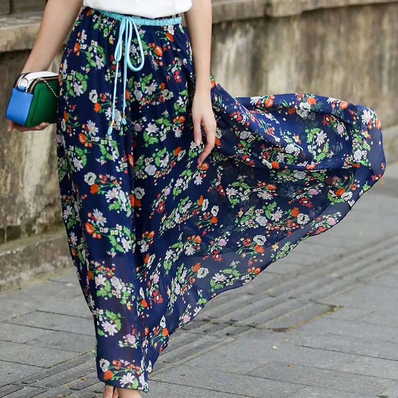 

2019 Women's Large Size Bohemian Floral Beach Skirt Chiffon Skirt A-Line Casual Mid-Calf Natural
