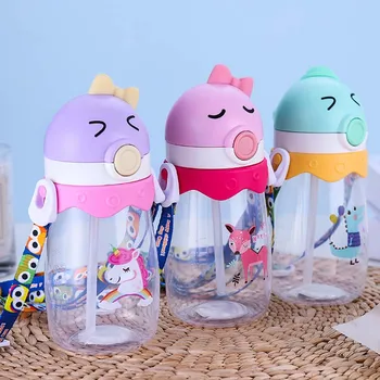 

350/450ml Plastic Water Bottle with Straw BPA Free Drink Bottle With Rope Creative Cartoon Sport Drinking Bottles Gifts for Kids