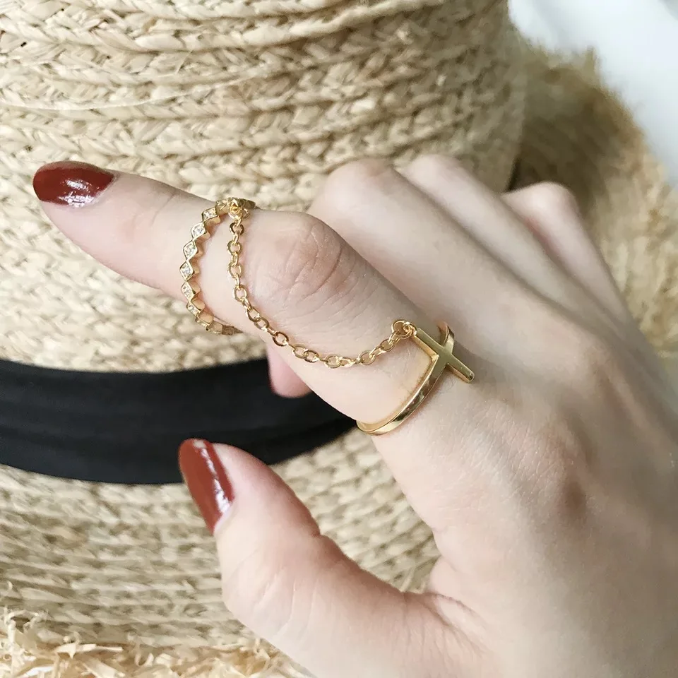 

925 sterling silver ring with zircon gold fashion cross shiny with 2 rings trend female silver hand jewelry